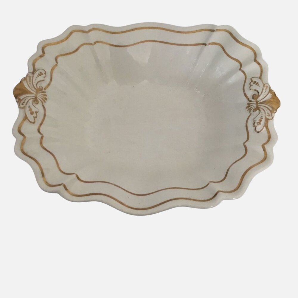 Antique DAVENPORT Pottery Scalloped Gold Trim Serving Bowl England c.19thC 9.5"